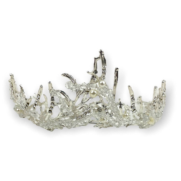 Clear Rhinestone Pearl Bead Silver Tone Metal Bridal Tiara Crown NEW - Picture 6 of 16